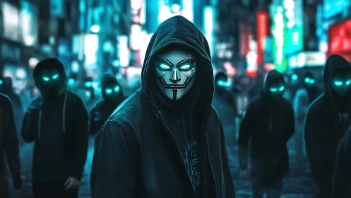 Hooded cyber mask collective glowing in a neon city night.