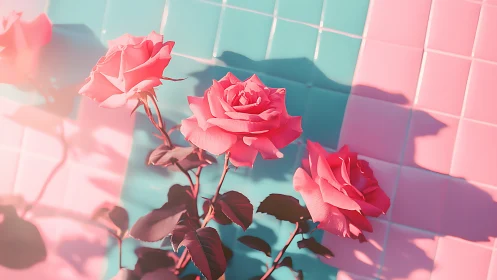 Pink roses in geometric neon-lit environment with volumetric light