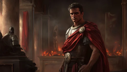 Roman general stands amid burning hall in brooding silence