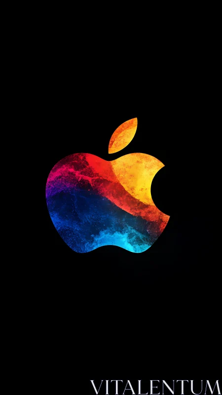Prismatic apple emblem glows like a nebula on black night.