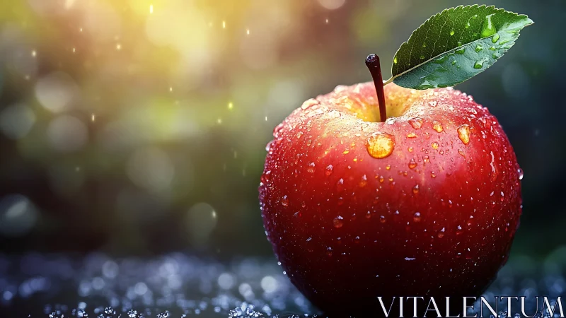 Single wet red apple stands upright against blurred bokeh