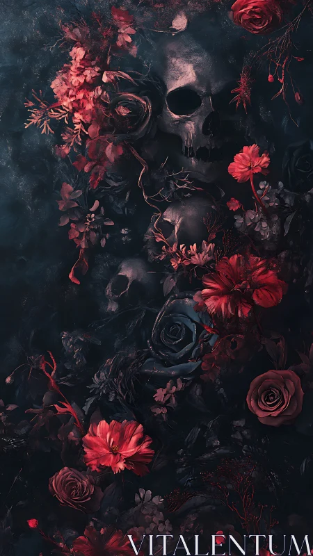 Human skulls intertwined with red flowers on dark backdrop.