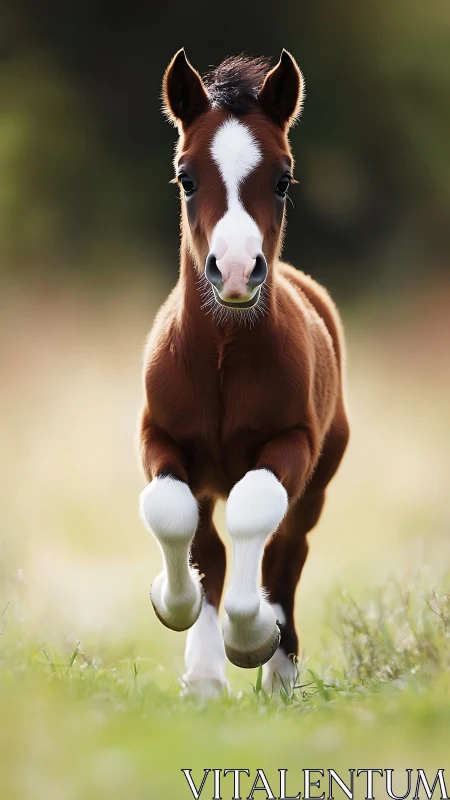 Young brown foal running forward on grassy pasture field.