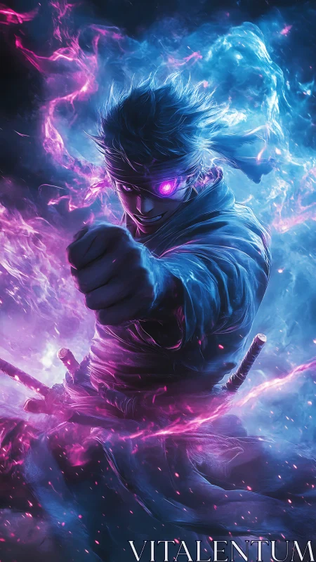 Cyber ninja warrior with glowing eye in neon storm.