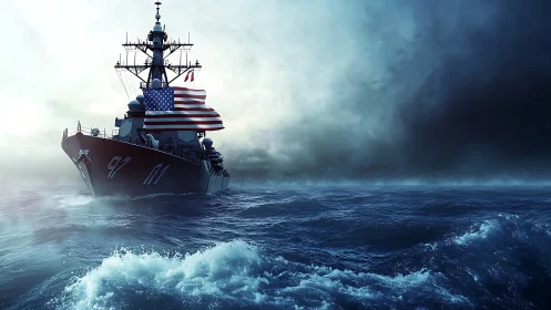 US naval destroyer cuts through storm-lit Atlantic swells.