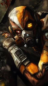 Gas-masked cybernetic scout with orange exosuit and glowing optics.