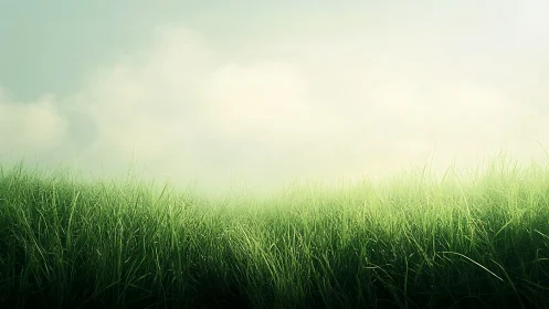 Morning backlit meadow with dense dewy grass field.