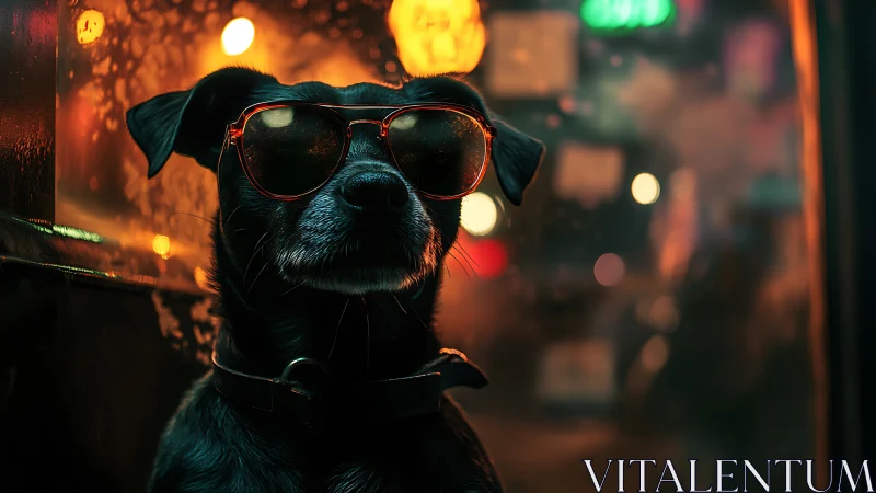 Nocturnal canine portrait with cinematic neon reflections.