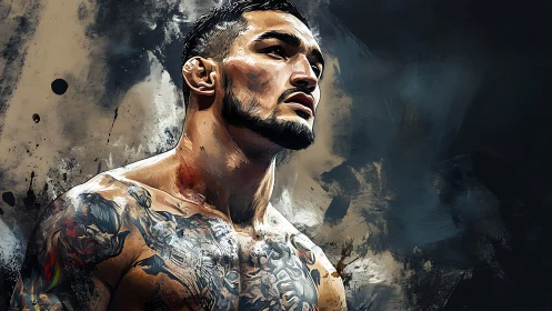 Tattooed Man in Profile Against Textured Grunge Background.