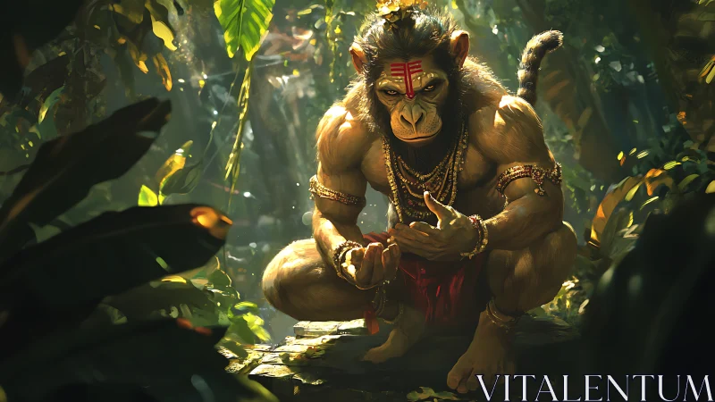 Mythic humanoid monkey warrior crouched in dense jungle.