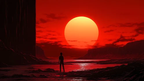 Silhouette before large red sun over rocky coastal plain.