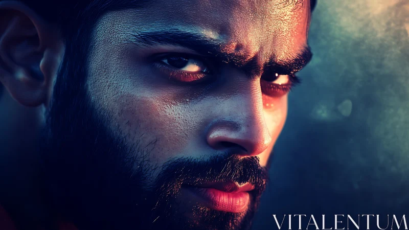 Intense bearded man in dramatic close up portrait lighting.