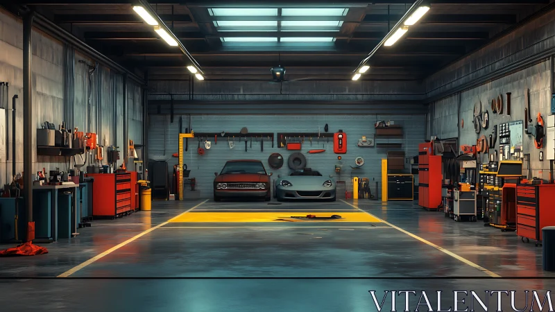 Modern auto workshop houses classic coupe and sports car