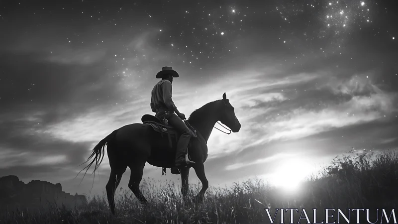 Silhouetted cowboy on horseback traverses starlit prairie at dawn