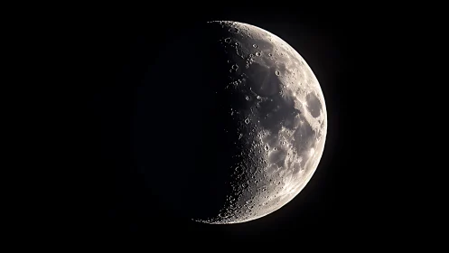 First quarter moon shows detailed craters against black space