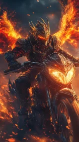 Flaming armored rider surges through firelit stormy night.