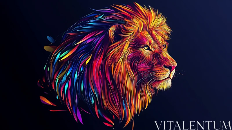 Neon lion portrait radiates vibrant prismatic energy
