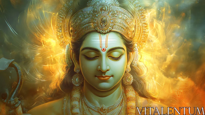 Digital depiction of serene crowned deity with golden aura.