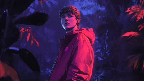 Teen in red jacket stands in dense foliage under colored light