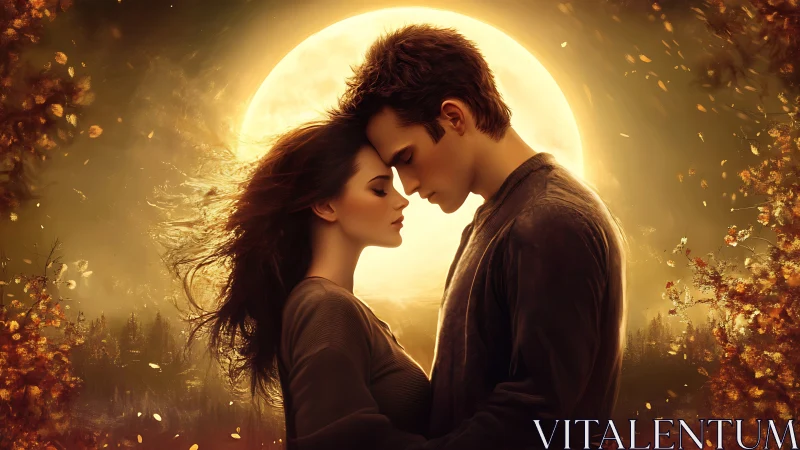 Two figures embrace beneath luminous celestial backdrop with atmospheric golden particles.