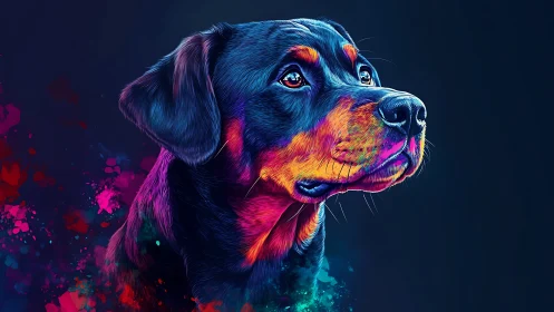 Neon-lit rottweiler portrait glows with vibrant colors.