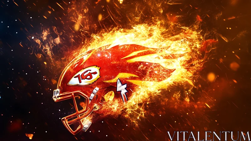 Blazing red football helmet streaks through swirling firestorm.