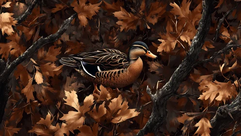 Autumn's Patterned Friend: A Duck Among the Leaves.