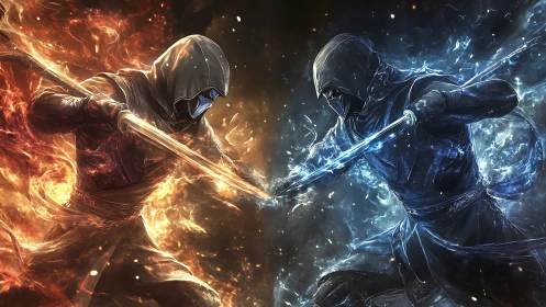 Hooded elemental warriors locked in fiery icy duel.
