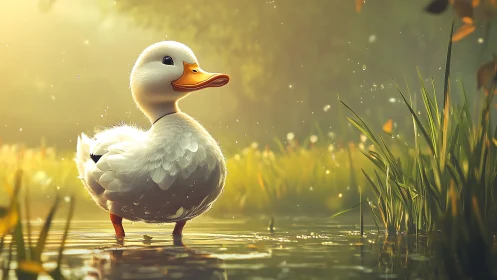 Sunlit duckling stands in glowing pond at golden hour.