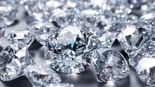 Brilliant cut diamonds clustered in reflective studio light.