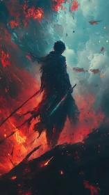 Lone warrior strides through swirling fire and stormlight