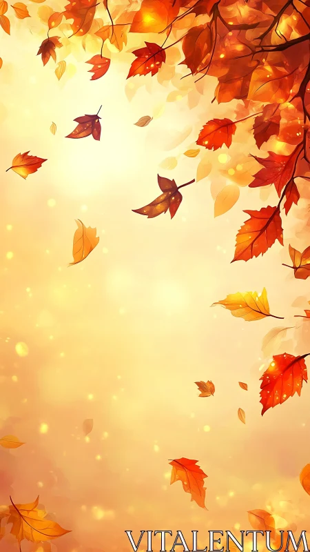 Golden autumn leaves drifting softly in warm evening light.