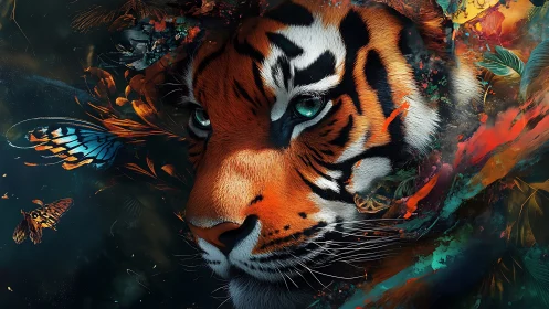Tiger portrait blended with butterflies and abstract color.