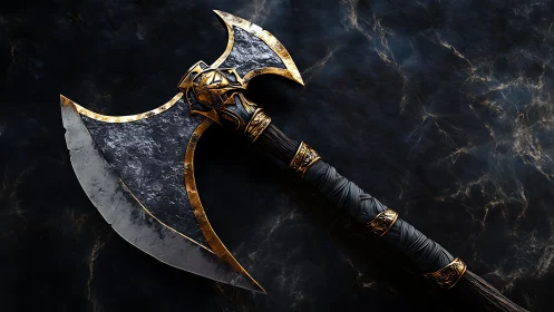 Ornate double-headed battle axe rendered in dark photorealism