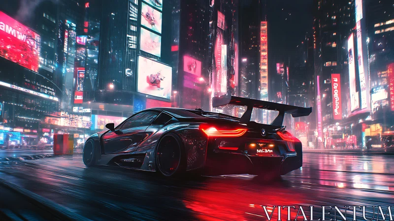 Cyberpunk supercar on neon soaked futuristic city street.