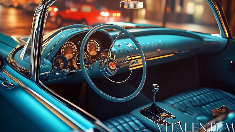 Classic teal coupe interior glows under city night lights.