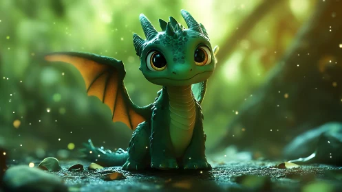 Small stylized green dragon rendered in soft forest lighting