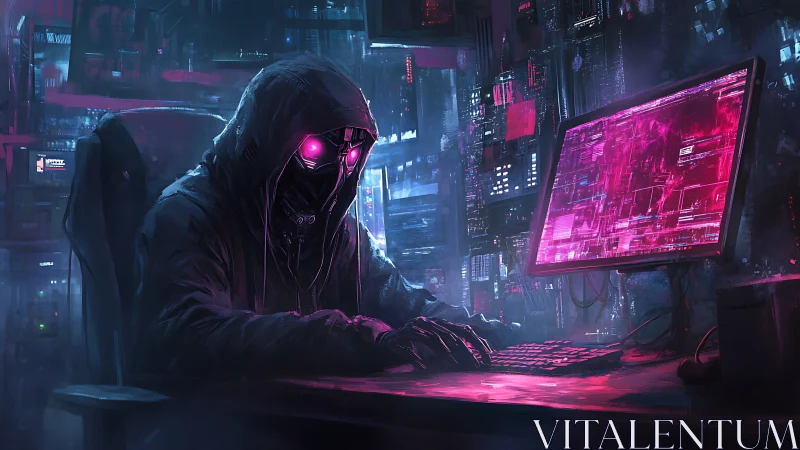 Cyberpunk hacker commands neon network from dark terminal.