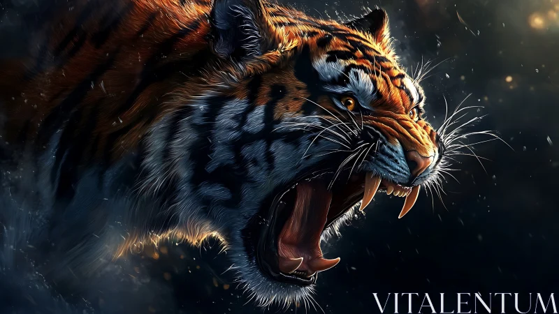 Side profile of roaring tiger with visible fangs in dark setting.