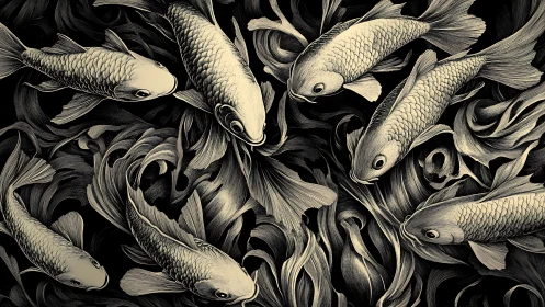 Graceful koi glide in swirling monochrome waters of calm