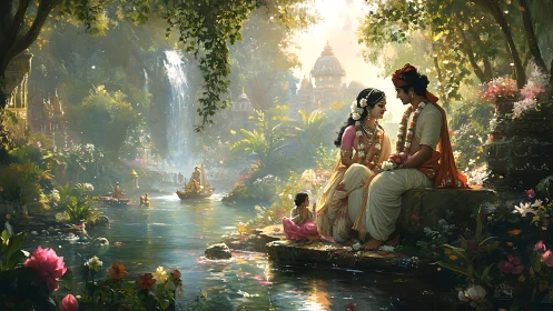 Couple by river in lush temple landscape with waterfall scene.