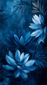 Monochromatic Blue Floral Study: Painterly Lotus Composition With Varying Tonal Depth