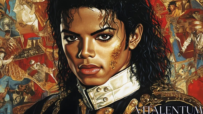 Intense pop portrait amid baroque narrative collage background.