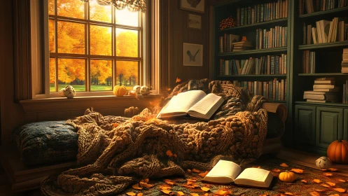 Cozy autumn reading nook with blankets, books, and pumpkins.