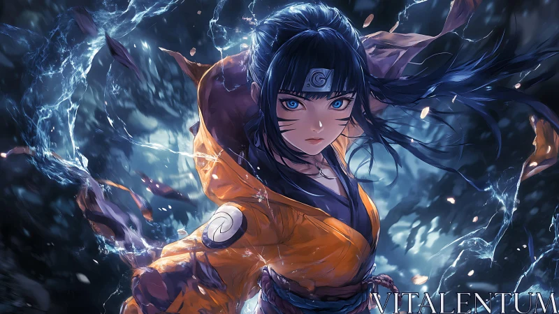 Storm-lit ninja heroine charging through swirling power.