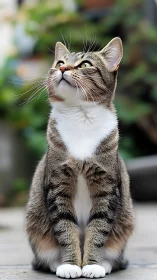 Tabby and White Cat Gazes Upward with Alert Expression.