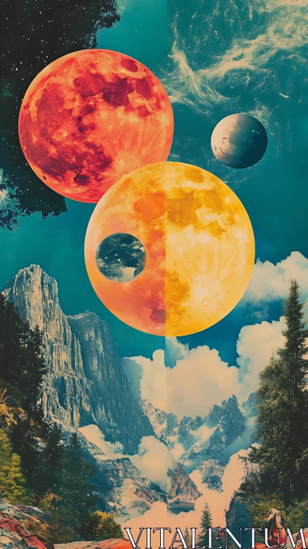 Dual moons over mirrored alpine landscape explore cosmic contrast