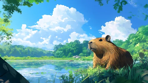 Capybara stands beside reflective pond under bright clouds.