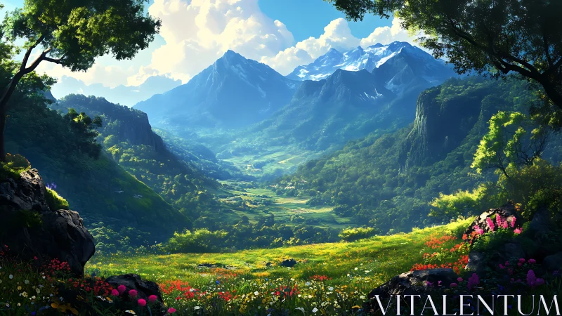 Sunlit valley opens below snowcapped mountain range