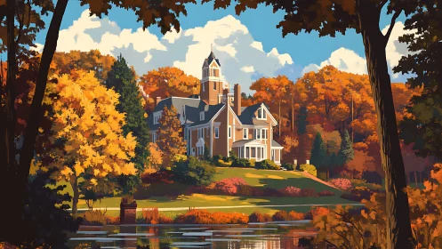 Sunlit autumn manor by the lake wrapped in golden trees.